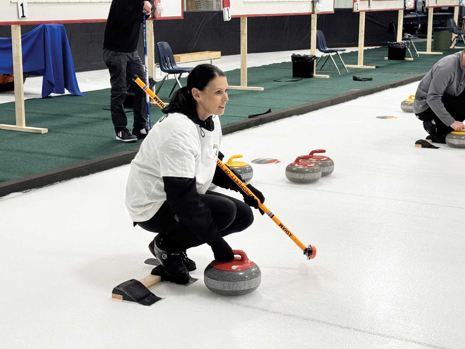 Laurie James of Arcola was one of many locals who participated in the Arcola 64-team bonspiel in March.